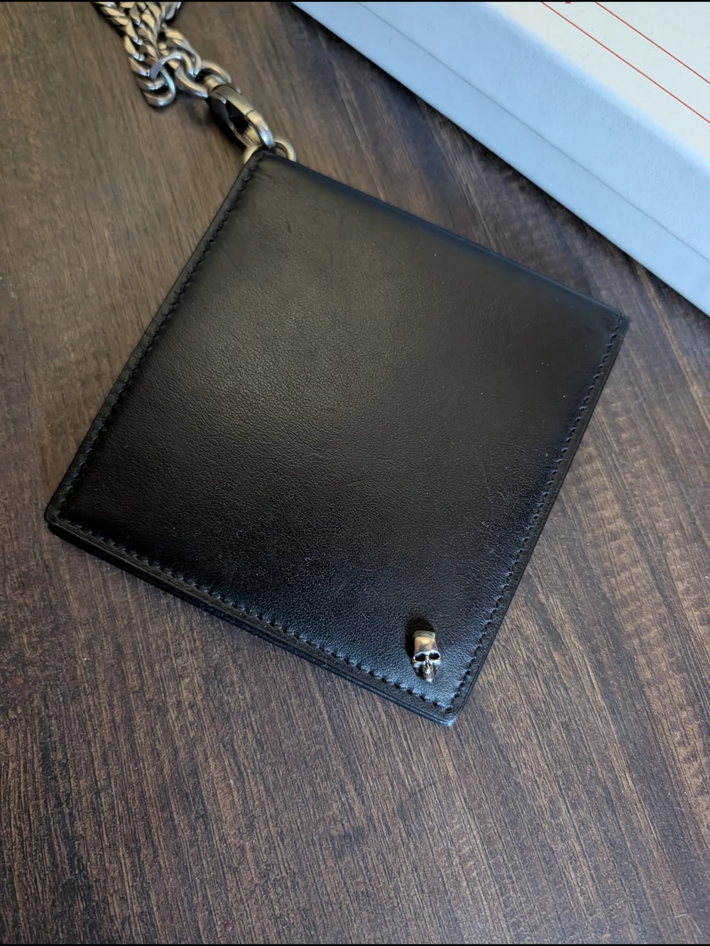 Alexander McQueen Silver Chunky Curb Chain Skull Black Leather Bifold Wallet